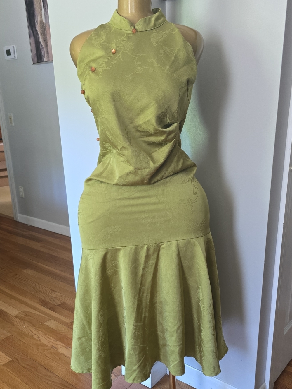 Sleeveless Mandarin Collar Olive Green Dress